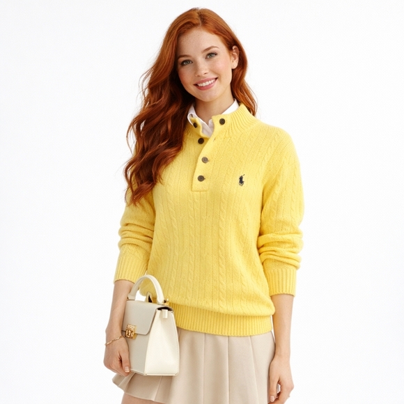 Polo Ralph Lauren Sweaters - Polo Ralph Lauren Yellow Cotton Cable-Knit Polo Sweater NWT Women's Lrg